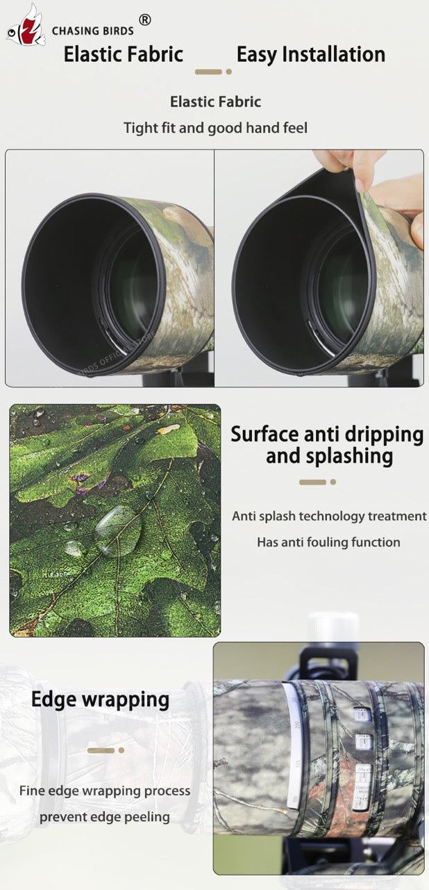 CHASING BIRDS Camouflage Waterproof Lens Coat for Canon RF 100-500mm F4.5-7.1 L is USM Rainproof Lens Protective Cover