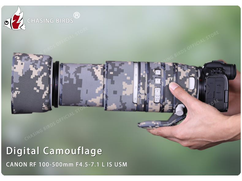 CHASING BIRDS Camouflage Waterproof Lens Coat for Canon RF 100-500mm F4.5-7.1 L IS USM Rainproof Lens Protective Cover